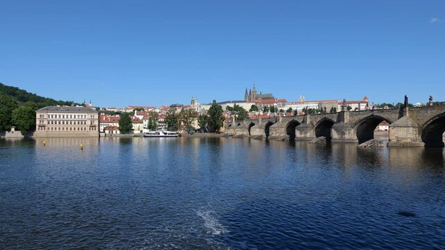 City skyline of Prague with Charles Bridge on Vltava River in Czechia (Czech Republic).