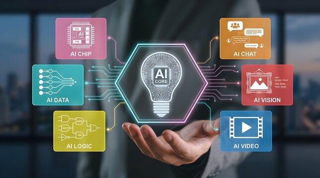 Businessman presenting concept with icons for data, vision, video, and coding in a futuristic office setting