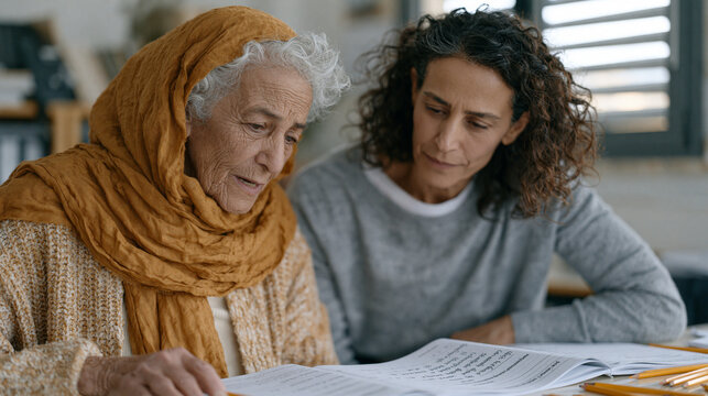 Elderly Lebanese woman practicing sentence formation aloud at a community center literacy class, a patient Iranian instructor kneeling beside her open workbook, afternoon light