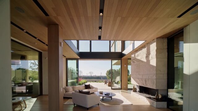 Starting camera push through tall living room, showing armchair, fireplace, glass wall, patio view
