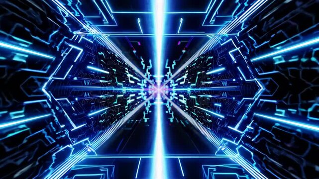 Futuristic digital tunnel with glowing blue lines and intricate circuit patterns, creating a sense of depth and motion through a high-tech environment