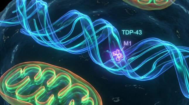 3D Illustration of TDP-43 Protein Binding to RNA Strands and Mitochondria in a Cell, Molecular Biology Concept Isolated on Solid Background