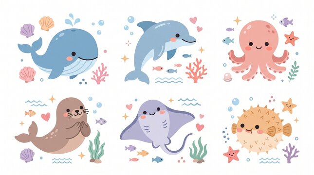 Cute cartoon sea creatures collection featuring baby whale dolphin octopus seal stingray and pufferfish vector illustration