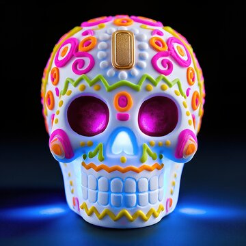 Vibrant Sugar Skull Decoration With Led Lights For Day Of The Dead Celebration And Mexican Culture Festivities