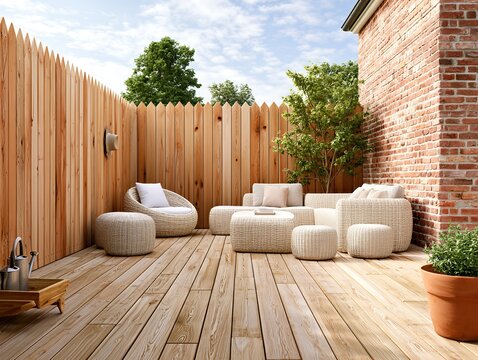 Outdoor Living Space Design With Modern Patio Furniture On Wooden Deck For Backyard Relaxation And Home Improvement