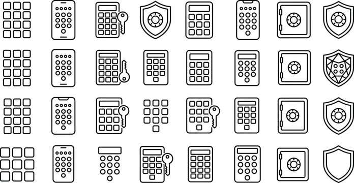 Digital Security and Pin Code Entry Line Icon Set Featuring Numeric Keypads Smart Lock Access Keys Safe Boxes and Shield Protection Symbols