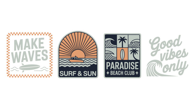 Retro beach club patch featuring ocean waves palm trees paradise vibes and summer typography graphic vector elements