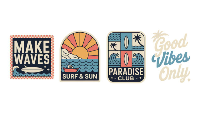 Retro beach club patch featuring ocean waves palm trees paradise vibes and summer typography graphic vector elements