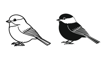 Black and white vector illustration of a chickadee bird, featuring both a line art outline and a solid silhouette version isolated on white background © Shahriyar Rasel