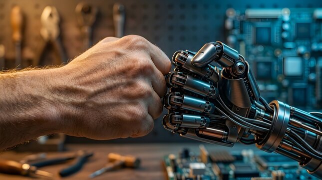 Human hand clasping robotic metal fist in workshop with tools and machinery in background