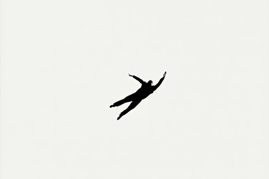 Freedom And Weightlessness Concept, Silhouette Of A Person Floating Or Falling Through The Air With Arms Outstretched