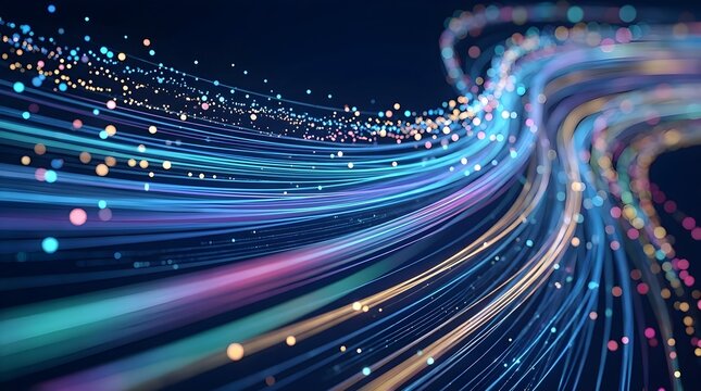 Vibrant abstract light trails swirling in a mesmerizing dance of colorful neon streaks and glowing dots against a dark background