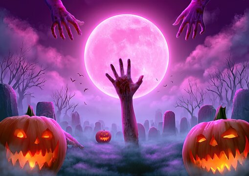Spooky Halloween Graveyard Scene With Zombie Hands Reaching Under A Pink Full Moon And Jack-O'-Lanterns
