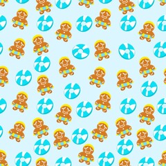 Obraz premium Gingerbread Man in Pool Float and Beach Ball Seamless Pattern on blue Background