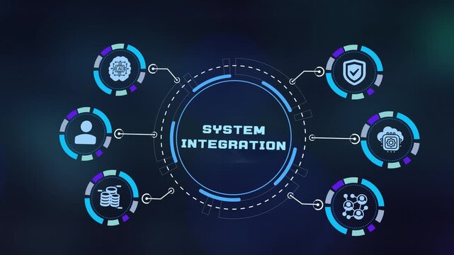 System integration process with network connection icons on digital background.