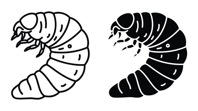 Set of two grub worm icons, outline and silhouette style, vector illustration of a beetle larva isolated on white background