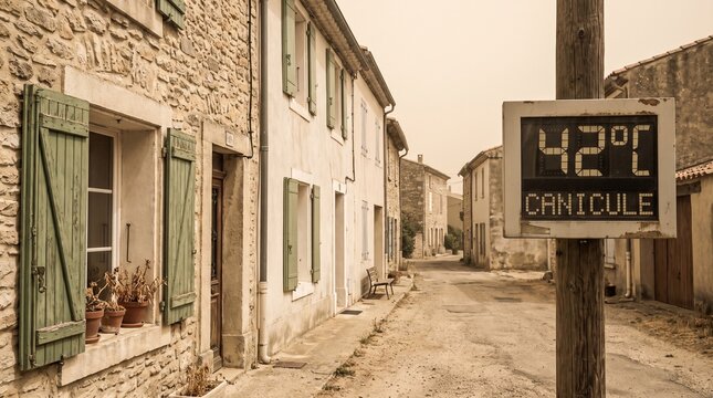 Extreme Heatwave in a French Village Street with Digital Thermometer Displaying 42 Degrees Celsius and Canicule Warning