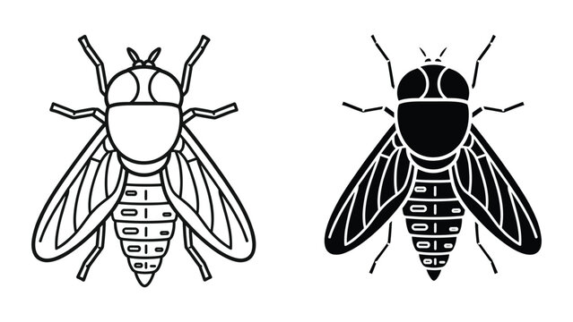 Set of horsefly icons, outline and silhouette style vector illustration of a tabanid fly, a biting insect, isolated on white background