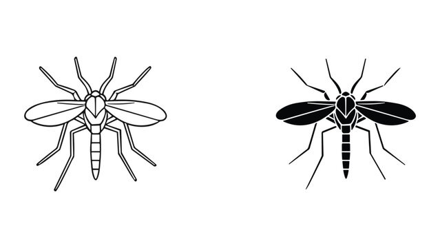 Mosquito icon set vector outline and black silhouette of mosquito insect pest control, malaria and dengue virus carrier symbol