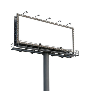 Large empty metal billboard frame on a tall pole for outdoor advertisement isolated on transparent background