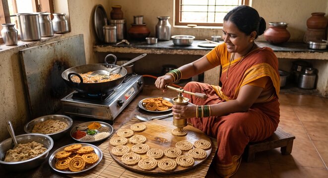Smiling Indian woman shaping chakli dough with a brass press while deep frying snacks in a rustic kitchen