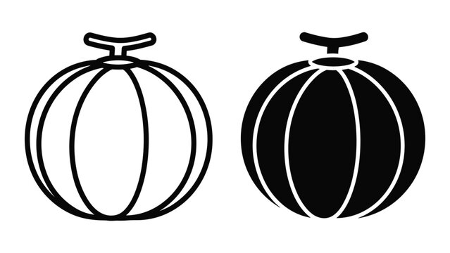 Melon icon set, outline and solid style vector illustration of a cantaloupe or musk melon with a stem, isolated on white background