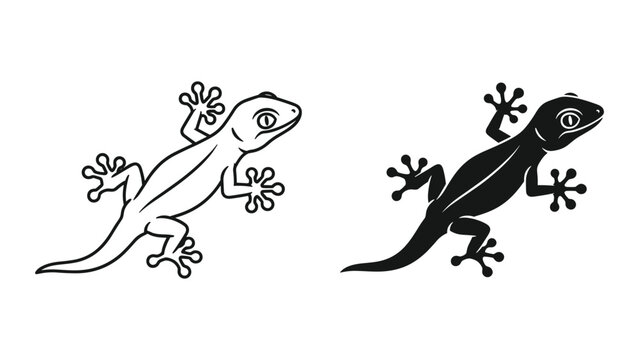 Set of two gecko lizard silhouettes, one outline and one solid black, simple vector illustration of a reptile isolated on white background