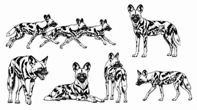 African Wild Dog Set, Hand-Drawn Ink Illustration of Pack Behavior