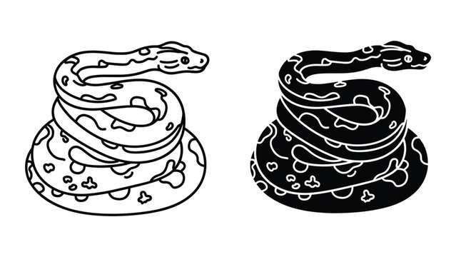 Set of two snakes, one in outline style and one in solid black silhouette, coiled in a resting position, vector illustration isolated on white background