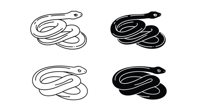 Set of snake icons, hand drawn vector illustration of coiled snakes in outline and silhouette styles
