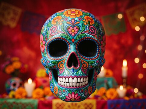 A vibrant, intricately painted Calavera sugar skull centerpiece displayed prominently in a traditional Day of the Dead Dia de los Muertos altar setting with glowing candles and marigolds