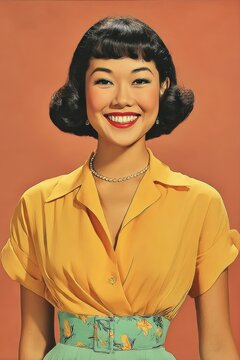 Happy Asian woman in a yellow blouse with a retro 60s bob hairstyle, smiling warmly