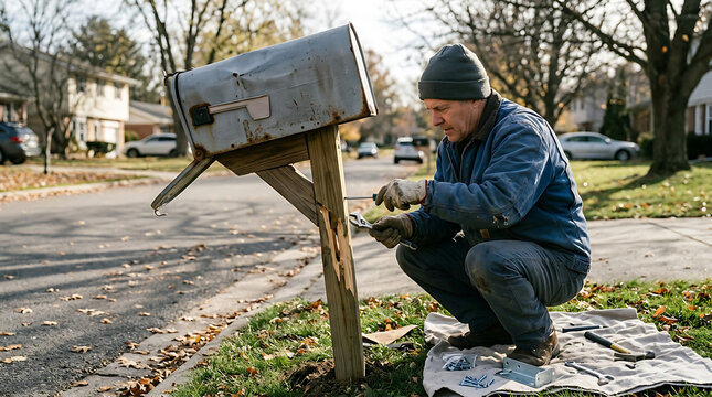 Man crouches to inspect mailbox on suburban street with trees