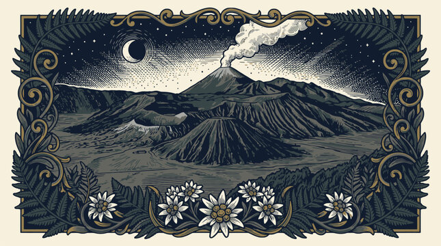 Volcano mountain landscape vector with vintage decorative border and wave patterns.