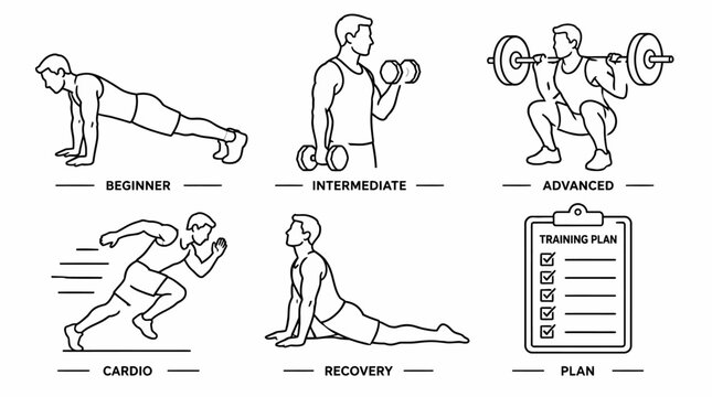 Fitness training levels set with workout exercises and exercise plan