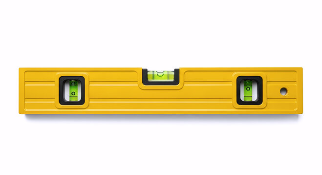 Yellow spirit level tool with ruler scale isolated on a clean white background for construction and carpentry measurement mockup.