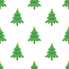 Fototapeta premium Christmas tree simple pattern featuring decorated green pines with yellow stars on a white background, ideal for seasonal gift wrapping, holiday stationery, and festive home decor.