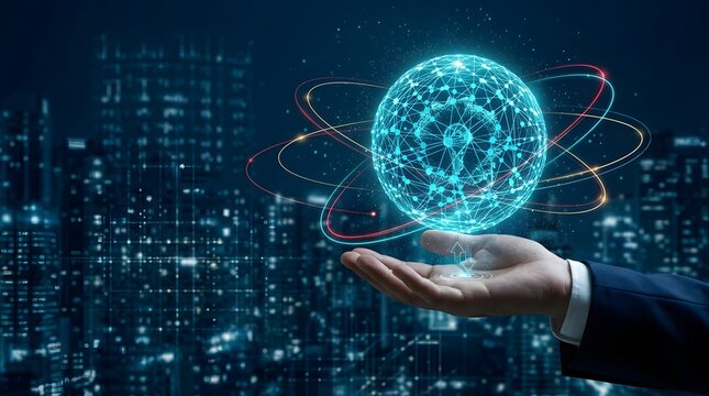 Businessman holding a glowing blue digital globe with orbiting lines in a futuristic cityscape at night