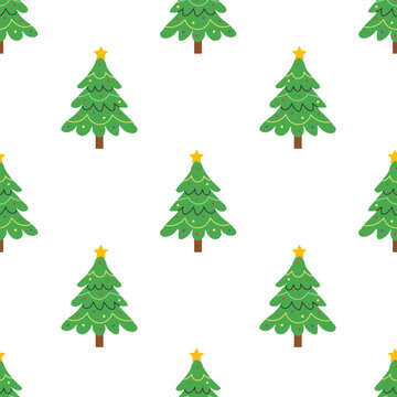 Christmas tree simple pattern featuring decorated green pines with yellow stars on a white background, ideal for seasonal gift wrapping, holiday stationery, and festive home decor.
