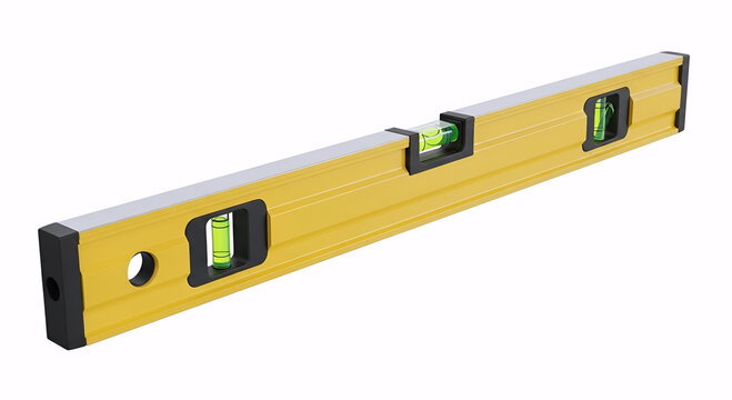 Isometric view of yellow spirit level tool ruler scale isolated on a clean white background for engineering measurement concept.