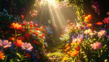Obraz premium Enchanted floral path under glowing rays of sunlight.