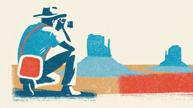 Traveler photographing western landscapes in a vintage illustration style