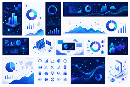 Data visualization dashboard templates set featuring isometric charts, graphs, and UI elements in blue theme