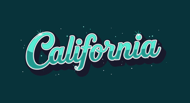 California retro cursive text graphic with sparkle effect, vintage style typography