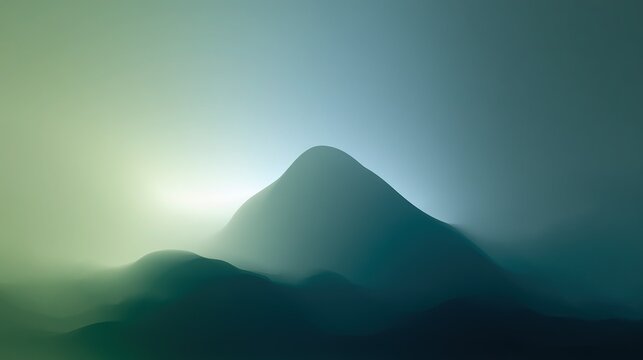 Abstract color field digital art with fluid organic blended gradients, desaturated lime green top-left shifting to deep teal and muted blue-gray right, central curved peak forming soft horizon
