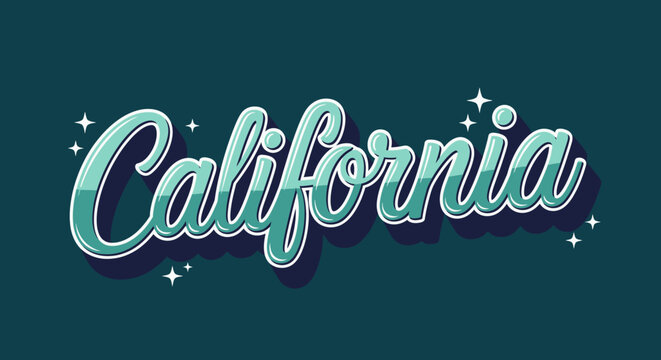 California script font, retro style, teal blue, starry background