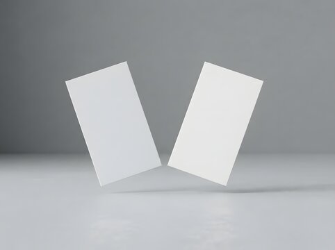 Two blank white business cards mockup leaning against each other on a gray background