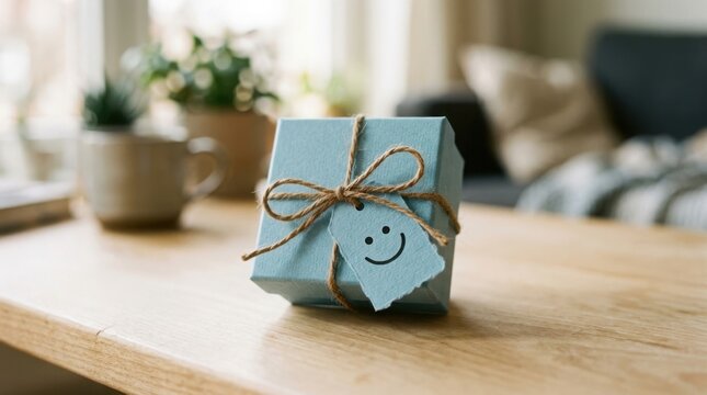 Small gift box with smiley face tag tied with natural twine
