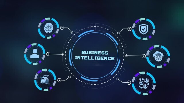 Business intelligence concept with analytical icons and glowing network connections for corporate market growth presentation