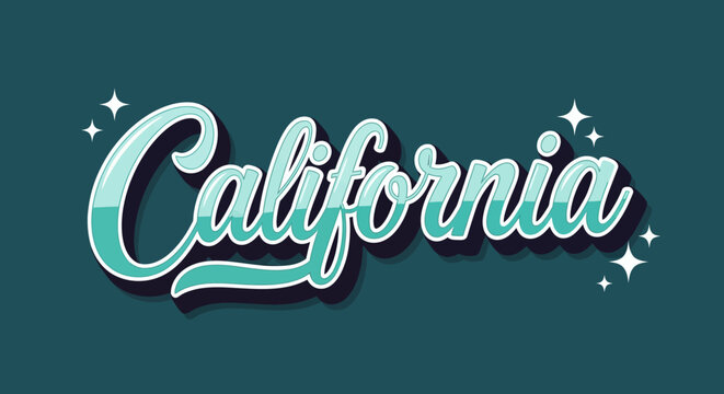 Retro California script text with sparkles and shadow effect on teal background.